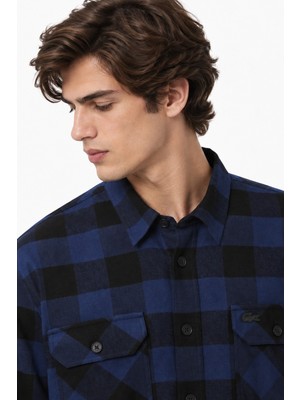 Lacoste Men's Relaxed Fit Button-Down Linen Shirt  Rahat Kesim Pamuklu Kareli Erkek Gömlek Lacivert