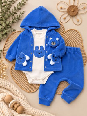Lilliy Bebek Erkek 3 Parça Welsoft Takım Mavi Ayıcık Desenli Kapüşonlu Hırka Body Pantolon