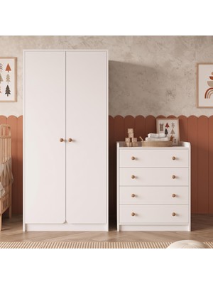 Bimossa TK2140 Daffy Bebek Odası Takımı Beyaz - Iki Kapaklı Gardırop ve Dört Çekmeceli Şifonyer Seti