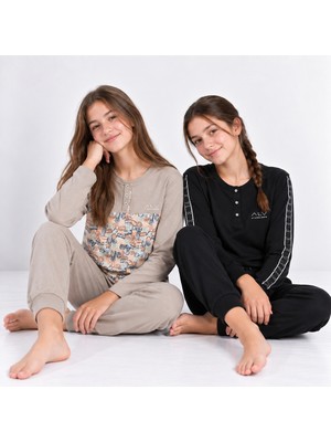 Bonbon Genç Kadın Pamuklu Yakası Düğmeli Cepli Hediyelik 2 Adet 2'li Alt Üst Pijama Takımı AL507 V1, AL501 V1 BB2453