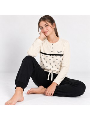 Bonbon Genç Kız Pamuklu Yakası Düğmeli Cepli Hediyelik Vanilya Renk Alt Üst Pijama Takımı AL506 V1 BB2444