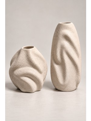 Dekomini Liora 2’li Organik Form Dokulu Seramik Vazo Seti (Büyük 27X12 cm / Küçük 16X14 Cm)