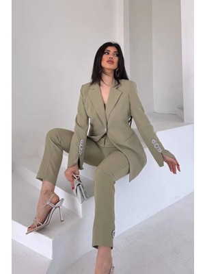 Suxircnhtmts Kadın Şık Ikili Takım Taş Detaylı Blazer Ceket & Boru Paça Pantolon