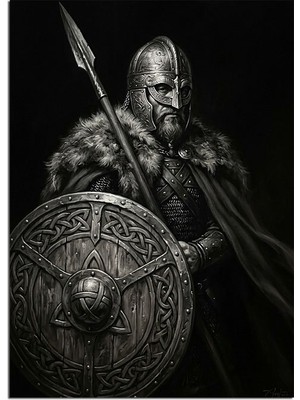 Tablomega Viking Savaşçısı Kalkan ve Mızraklı Dekoratif Kanvas - Mdf Ahşap Tablo