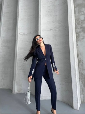 Suxircnhtmts Kadın Şık Ikili Takım Taş Detaylı Blazer Ceket & Boru Paça Pantolon