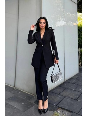 Suxircnhtmts Kadın Şık Ikili Takım Taş Detaylı Blazer Ceket & Boru Paça Pantolon