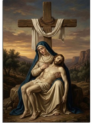 Tablomega Çarmıh Önünde Meryem ve Isa Pieta Dekoratif Kanvas - Mdf Ahşap Tablo