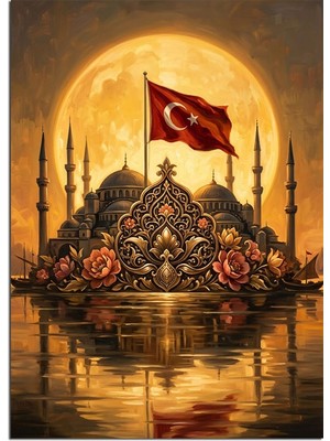 Tablomega Türk Bayraklı Cami ve Dolunay Manzarası Dekoratif Kanvas - Mdf Ahşap Tablo