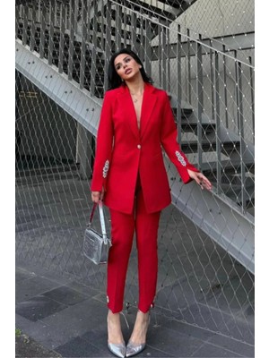 Suxircnhtmts Kadın Şık Ikili Takım Taş Detaylı Blazer Ceket & Boru Paça Pantolon