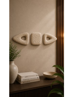 Duvar Tablosu 3'lü Set Bej Krem 3D Rölyef Tablo Modern Salon Duvar Dekoru Muyika- Kare 2 Üçgen Krem