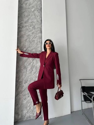 Suxircnhtmts Kadın Şık Ikili Takım Taş Detaylı Blazer Ceket & Boru Paça Pantolon