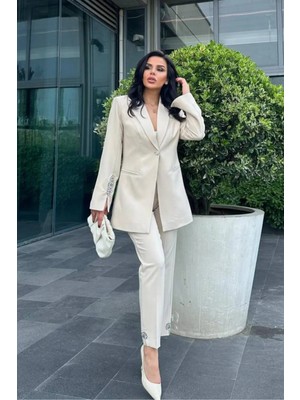 Suxircnhtmts Kadın Şık Ikili Takım Taş Detaylı Blazer Ceket & Boru Paça Pantolon