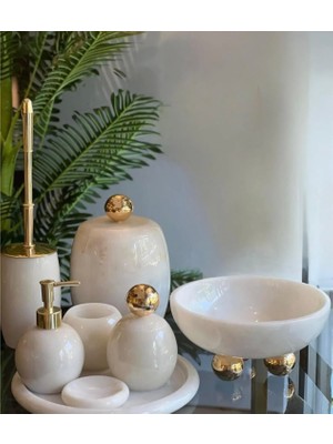 Ege Gross Dekoratif Doğal Beyaz Oval Mermer 8 Parça Gold Disko Banyo Seti