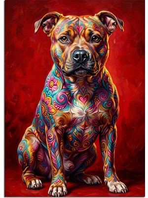 Tablomega Renkli Desenli Pitbull Köpek Kırmızı Zemin Dekoratif Kanvas - Mdf Ahşap Tablo
