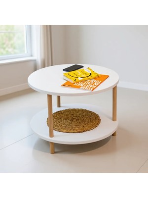 Peka Yuvarlak Orta Sehpa Beyaz Ahşap Ayaklı Modern Tasarım 60 cm Derinlik 43 cm Yükseklik İki Raflı