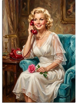 Tablomega Beyaz Elbiseli ve Telefonlu Sarışın Pin-Up Dekoratif Kanvas - Mdf Ahşap Tablo