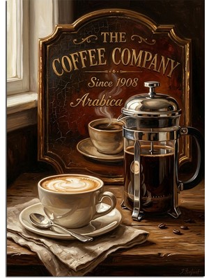 Tablomega Kahve Fincanı ve French Press Masası Dekoratif Kanvas - Mdf Ahşap Tablo
