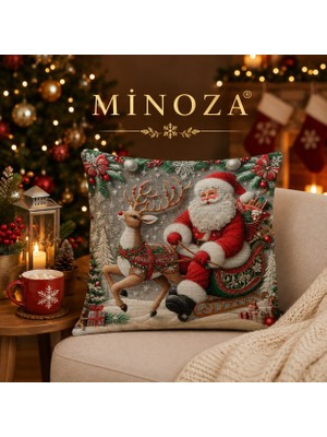 Minoza Dijital Baskılı Noel Baba ve Geyik Desenli Dekoratif Kırlent Kılıfı 43X43 cm