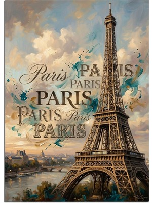 Tablomega Eyfel Kulesi Paris Yazılı Poster Dekoratif Kanvas - Mdf Ahşap Tablo