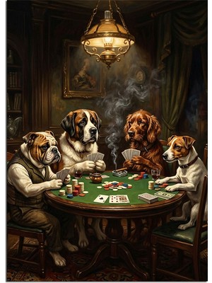 Tablomega Pokerde Oynayan Köpekler Dörtlü Dekoratif Kanvas - Mdf Ahşap Tablo