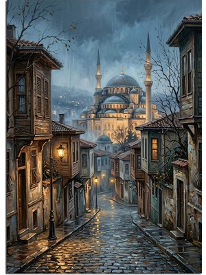 Tablomega Sisli Taş Sokakta Cami Manzaralı Istanbul Dekoratif Kanvas - Mdf Ahşap Tablo