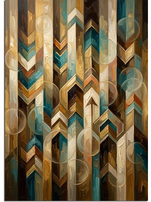 Tablomega Mavi ve Kahve ve Altın Geometrik Zigzag Desen Dekoratif Kanvas - Mdf Ahşap Tablo