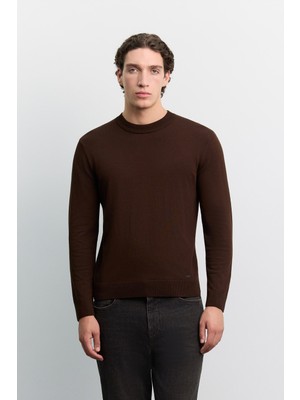 AVVA Erkek Kahverengi Bisiklet Yaka Viskon Karışımlı Basic Triko Regular Fit Kazak B005021