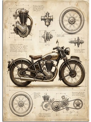 Tablomega Vintage Motosiklet Teknik Çizim Planı Dekoratif Kanvas - Mdf Ahşap Tablo