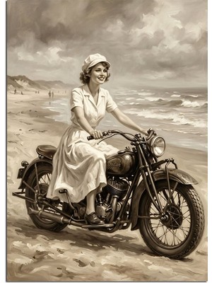Artmeg Plajda Motosikletli Vintage Kadın Sepya Dekoratif Kanvas - Mdf Ahşap Tablo