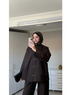 Miraydin Butik Kadın Premium Düğüm Düğme Detay Gabardin Pantolon Takım M62812 - Kahverengi