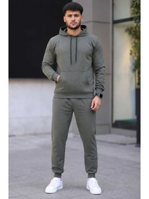 Defy Moda Erkek Iki Iplik Kapüşonlu Kanguru Cepli Sweatshirt Jogger Pantolon Alt Üst Eşofman Takımı - Haki