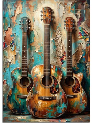 Tablomega Duvara Asılı Üç Renkli Akustik Gitar Dekoratif Kanvas - Mdf Ahşap Tablo