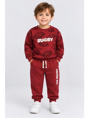 Ahengim Erkek Çocuk Rugby Topu Baskılı Pamuklu Sweatshirt ve Pantolon Eşofman Takımı AK119
