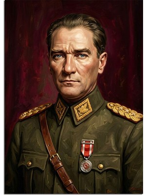 Tablomega Üniformalı Atatürk Ciddi Portre Tablo Dekoratif Kanvas - Mdf Ahşap Tablo