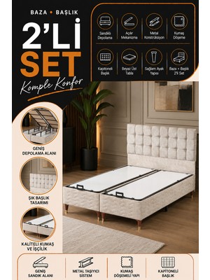 Beehanem Bengü Baza Başlık Takımı Çift Kişilik Sandıklı Çift Kabinli Depolama Alanlı Modern 2'li Set