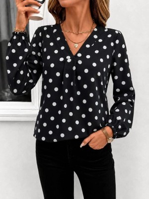 Defy Moda Kadın Uzun Kollu V Yakalı Önden Pileli Leopar Desenli Süprem Bluz