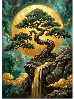 Tablomega Dolunayda Bonsai Ağacı Şelale Manzarası Dekoratif Kanvas - Mdf Ahşap Tablo