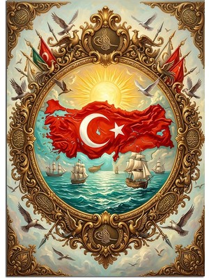 Tablomega Türk Bayraklı Osmanlı Çerçeve Tarihi Tablo Dekoratif Kanvas - Mdf Ahşap Tablo