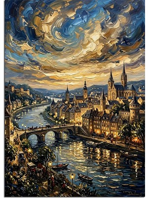 Tablomega Van Gogh Tarzı Nehir ve Şehir ve Yıldızlı Gece Dekoratif Kanvas - Mdf Ahşap Tablo