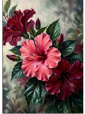Tablomega Pembe Hibiskus Üç Çiçek ve Yapraklı Dekoratif Kanvas - Mdf Ahşap Tablo