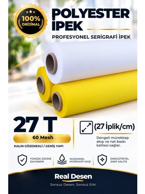 Real Desen Serigrafi Baskı Ipeği - 27T Numara  - Beyaz Polyester Mesh - 140CM x 100CM Rulo Kumaş (Cam, Seramik ve Ahşap Yüzeyler Için)