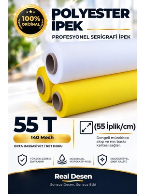 Real Desen Serigrafi Baskı Ipeği - 55T Numara - Beyaz Polyester Mesh - 140CM x 100CM Rulo Kumaş (Cam, Metal Ve...