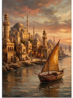 Tablomega Gün Batımında Istanbul ve Cami ve Yelkenli Kayık Dekoratif Kanvas - Mdf Ahşap Tablo