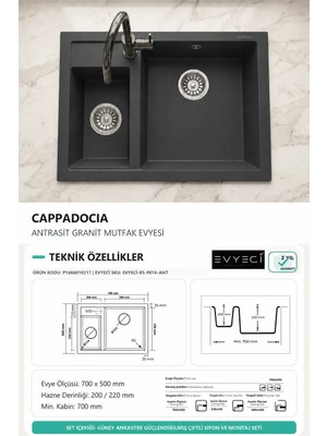 Güney Ankastre Realstone P016 Cappadocıa 70 × 50 cm Antrasit Granit Evye + Güçlendirilmiş Çift Giderli Sifon ve Montaj Seti