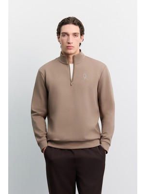 AVVA Erkek Vizon Dik Yaka Fermuarlı Baskılı Kolay Ütülenen Pamuklu Regular Fit Sweatshirt A62Y1310