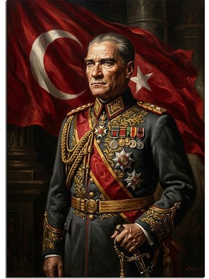 Tablomega Türk Bayraklı Askeri Üniformalı Atatürk Dekoratif Kanvas - Mdf Ahşap Tablo