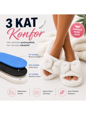 Black Flex Cozy Step 3 Katmanlı Pelush Terlik Krem Fiyonklu 36-41