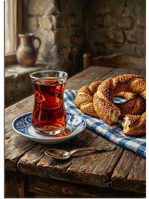 Artmeg Çay ve Simit ve Taş Pencere Kenarı Dekoratif Kanvas - Mdf Ahşap Tablo