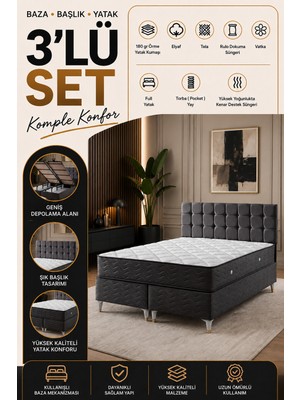 Beehanem Bengü Antrasit Çift Kişilik Baza + Yatak + Başlık Seti Sandıklı En Geniş Boy Yatak Takımı [3'lü Set]