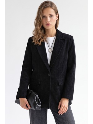 Mixray 4969 Kadın Kadife Dokulu Tek Düğmeli Blazer Ceket Siyah